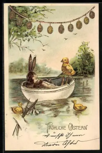 Lithographie Osterhase und Küken im Eierboot auf dem See, Osterei-Girlande