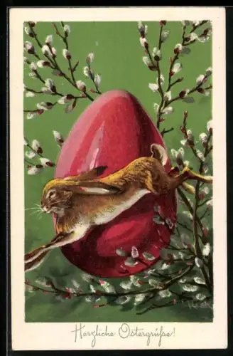 AK Osterhase mit Ei und Weidenkätzchen, Ostergruss