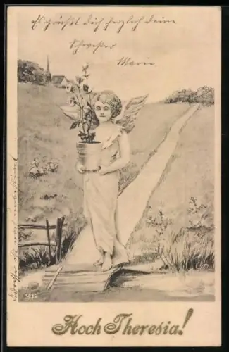 AK Hoch Theresia!, Engel mit Blume im Topf, Namenstag