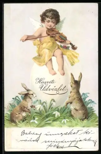 Lithographie Osterengel auf einem Ei spielt Geige für Osterhasen, Schneeglöckchen, Ostergruss