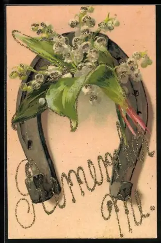 Präge-AK Hufeisen mit Maiglöckchen, Glitter