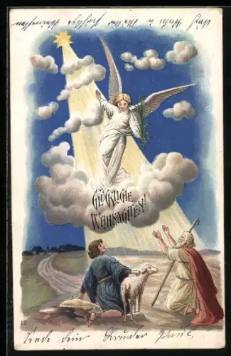 Lithographie Weihnachtsengel erscheint den Hirten, Stern, Weihnachtsgruss