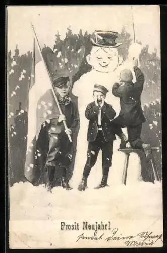 AK Schüler mit Fahne und Schneemann, Neujahrsgruss