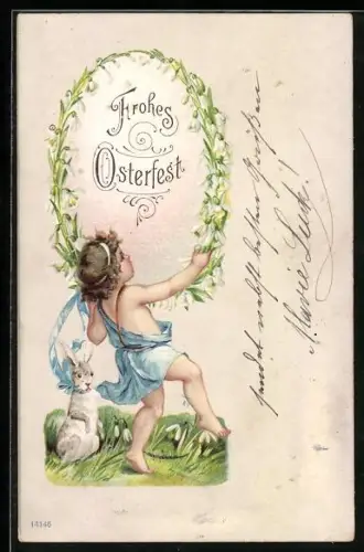 Lithographie Osterhase und Kind mit Schneeeglöckchenkanz in Eierform, Ostergruss