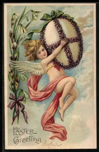 Präge-AK Kleiner Osterengel trägt ein geschmücktes Osterei