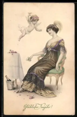 Künstler-AK M. Munk Nr. 767: Junge Dame auf einem Stuhl, Engelchen mit Sektglas, Neujahrsgruss