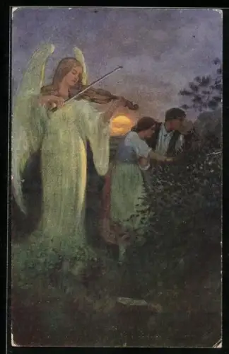 AK Abendlied, Engel spielt Geige, Liebespaar vor Büschen, Sonnenuntergang