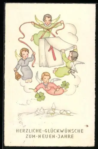 AK Vier Neujahrsengel mit Kalender, Glocke und Kleeblättern über einer Ortschaft im Schnee