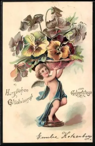 Präge-AK Engel trägt grosse Schüssel mit Stiefmütterchen