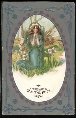 Künstler-AK Osterengel mit Lamm und Lilien