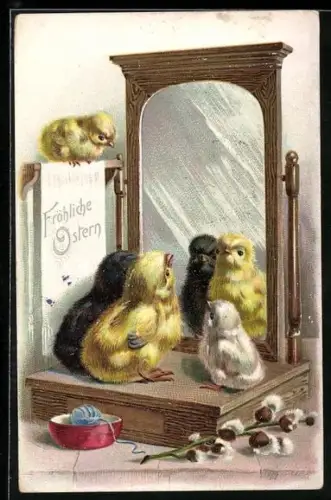 Präge-AK Osterküken sitzen vor dem Spiegel, Ostergruss