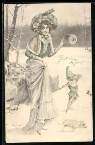 AK Zwerg steht neben einer eleganten Dame und einem Schweinchen