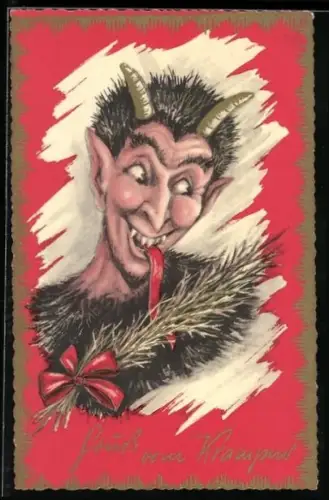 Künstler-AK Krampus mit goldener Rute, Gruss vom Krampus