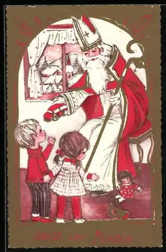 AK St. Nikolaus beschenkt kleine Kinder mit Spielzeug