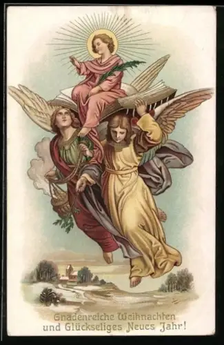 AK Zwei Weihnachtsengel tragen Jesuskind auf Buch