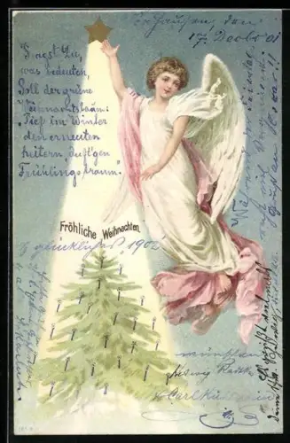 AK Weihnachtsengel schwebt mit leuchtendem Stern über einem Tannenbaum