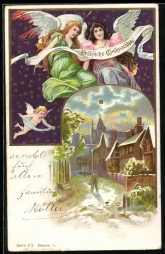 AK Weihnachtsengel mit Festtagsgruss über einer Ortspartie
