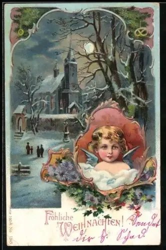 Präge-AK Portrait eines Weihnachtsengels bei einer verschneiten Kirche