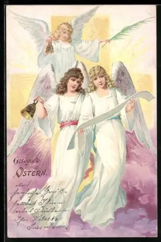 AK Osterengel mit Glocken über den Wolken