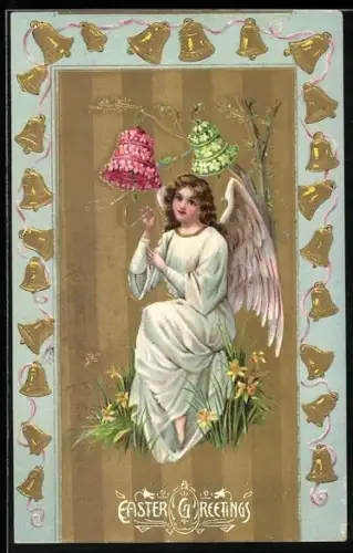 Präge-AK Osterengel unter farbenfrohen Glocken