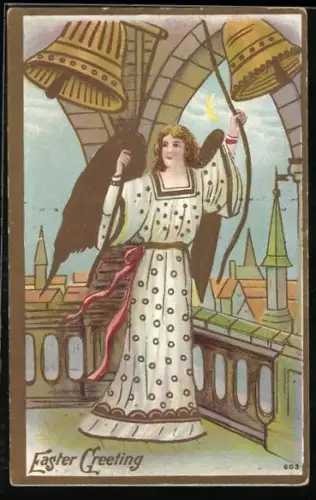 Präge-AK Osterengel läutet Glocken über einem Ort