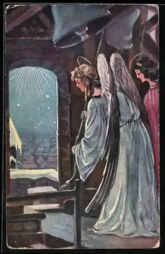 AK Weihnachtsengel läuten Kirchenglocken bei Nacht