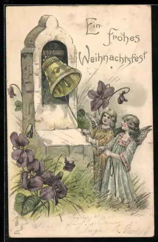Präge-AK Weihnachtsengel läuten die Glocken zum Feste