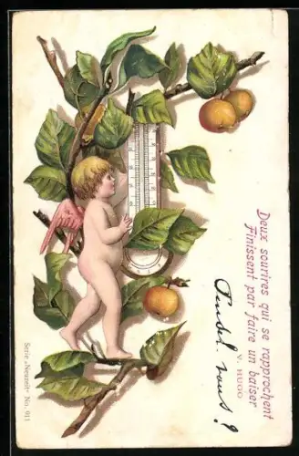 Künstler-AK Engel und Apfelzweig an einem Thermometer