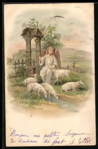 Lithographie Engel läutet die Glocke, Lämmer