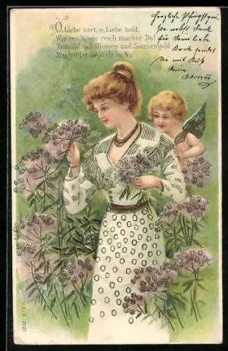 Präge-AK Amor begleitet eine hübsche Frau beim Blumensammeln