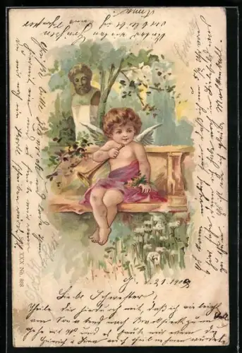 Präge-AK Engel mit Fanfare auf einer Steinbank im Grünen