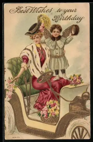 Präge-AK Engel und elegante Dame in einem Auto überbringen Geburtstagswünsche