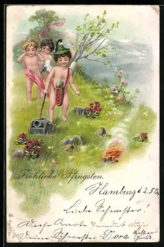 AK Amor mit Köcher und Kanone auf einer Wiese, Pfingstgruss