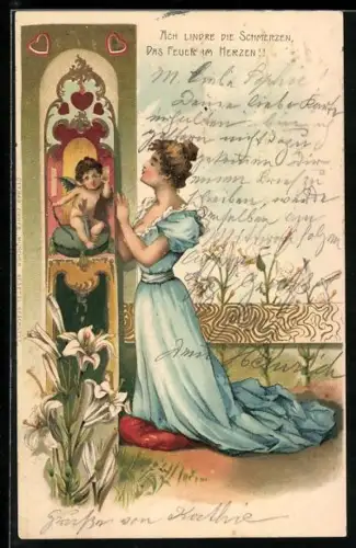 AK Eine junge Frau betet zu Amor