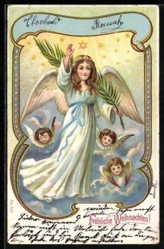 Lithographie Weihnachtsengel hebt die segnende Hand