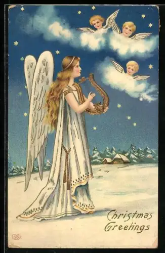 AK Weihnachtsengel spielt auf einer Lyra für andere Engel