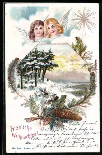 Lithographie Fröhliche Weihnachten!, Weihnachtsengel und Winteridyll