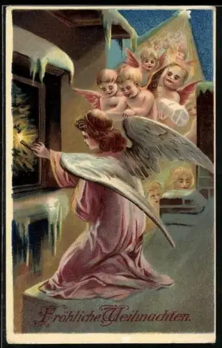 AK Weihnachtsengel auf einem verschneiten Dach