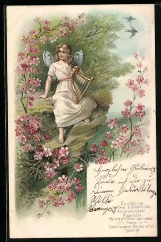 Lithographie Engel spielt Lyra auf einem Felsvorsprung, Gedicht