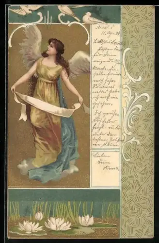 Präge-AK Engel in goldenem Kleid über einem Teich mit Seerosen