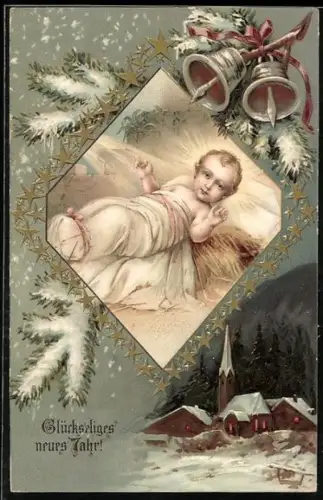 Präge-AK Christkind mit Glocken über einem verschneiten Dorf, Neujahrsgrüsse