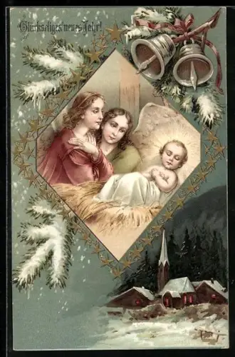 Präge-AK Engel betrachten das Jesuskind, mit Glocken, verschneitem Ort und Neujahrswünschen
