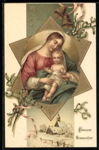 Präge-AK Weihnachten, Maria mit dem Jesuskind auf dem Schoss im Sternenrahmen