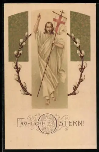 AK Jesus Christus zwischen Weidenkätzchen, Ostergrüsse