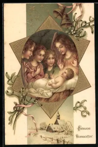 Präge-AK Fröhliche Weihnachten, Weihnachtsengel mit dem Christkind