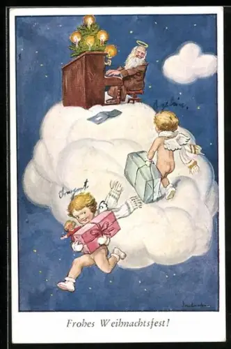 AK Weihnachtsengel mit Geschenken auf einer Wolke