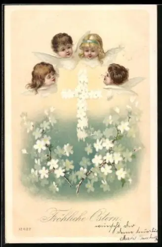 AK Kleine Osterengel umkreisen ein Kreuz aus Blumen