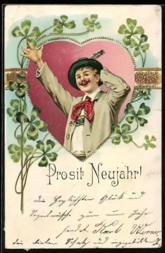 AK Junger Mann in Tracht in einem Herzen überbringt Neujahrswünsche, Kleeblätter