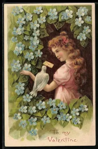 Präge-AK Valentinstag, Mädchen empfängt Taube mit Brief, umrahmt von Vergissmeinnicht
