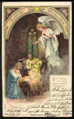 AK Weihnachtsengel besucht Maria, Josef und das Jesuskind